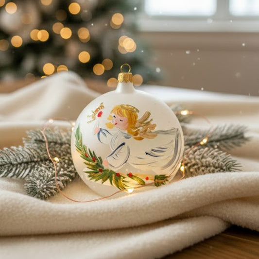 Hand-painted blown glass sphere Ø 100 mm with angel on a pearl white background