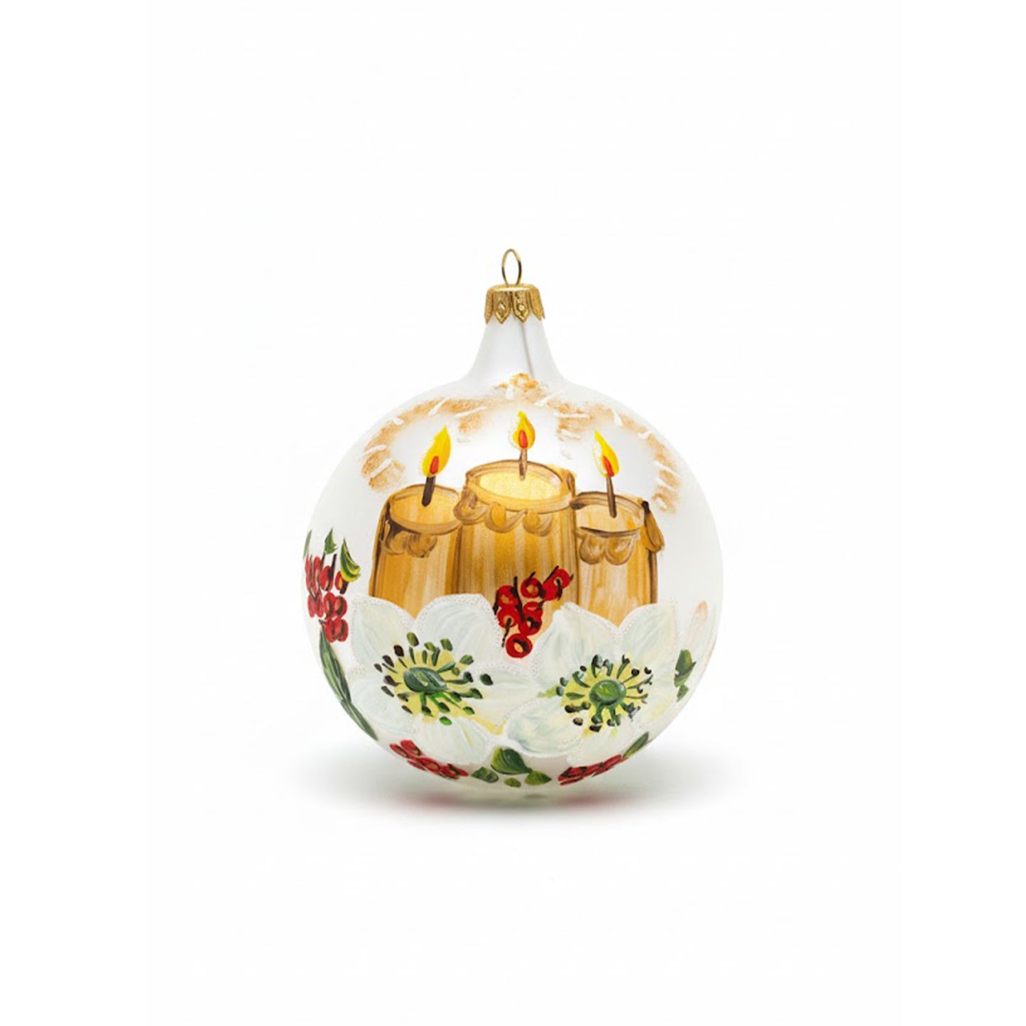 Hand-painted blown glass sphere Ø 100 mm with Christmas candles and winter flowers