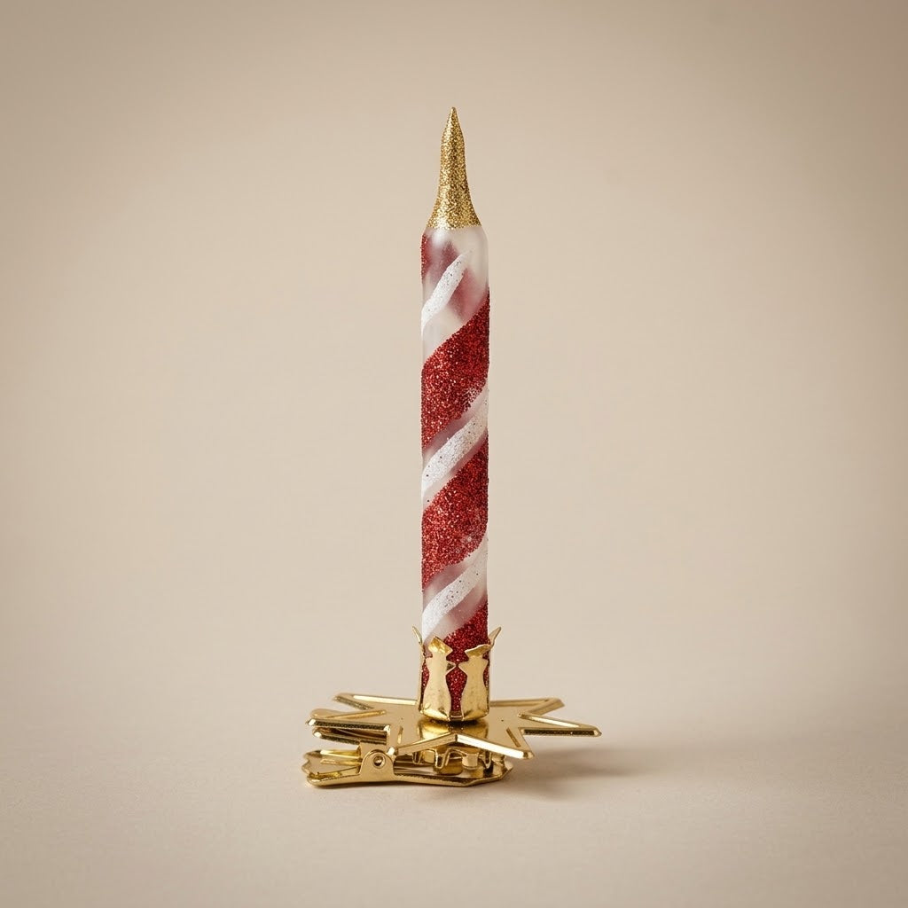 Hand-decorated glass clip-on candle ornament: red and white glitter spiral with gold clip