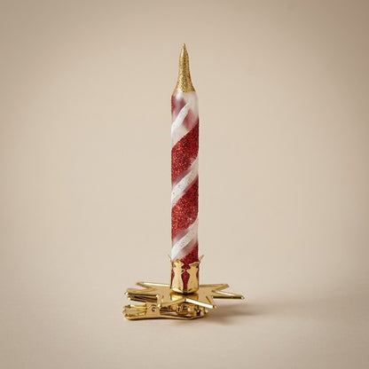 Hand-decorated glass clip-on candle ornament: red and white glitter spiral with gold clip
