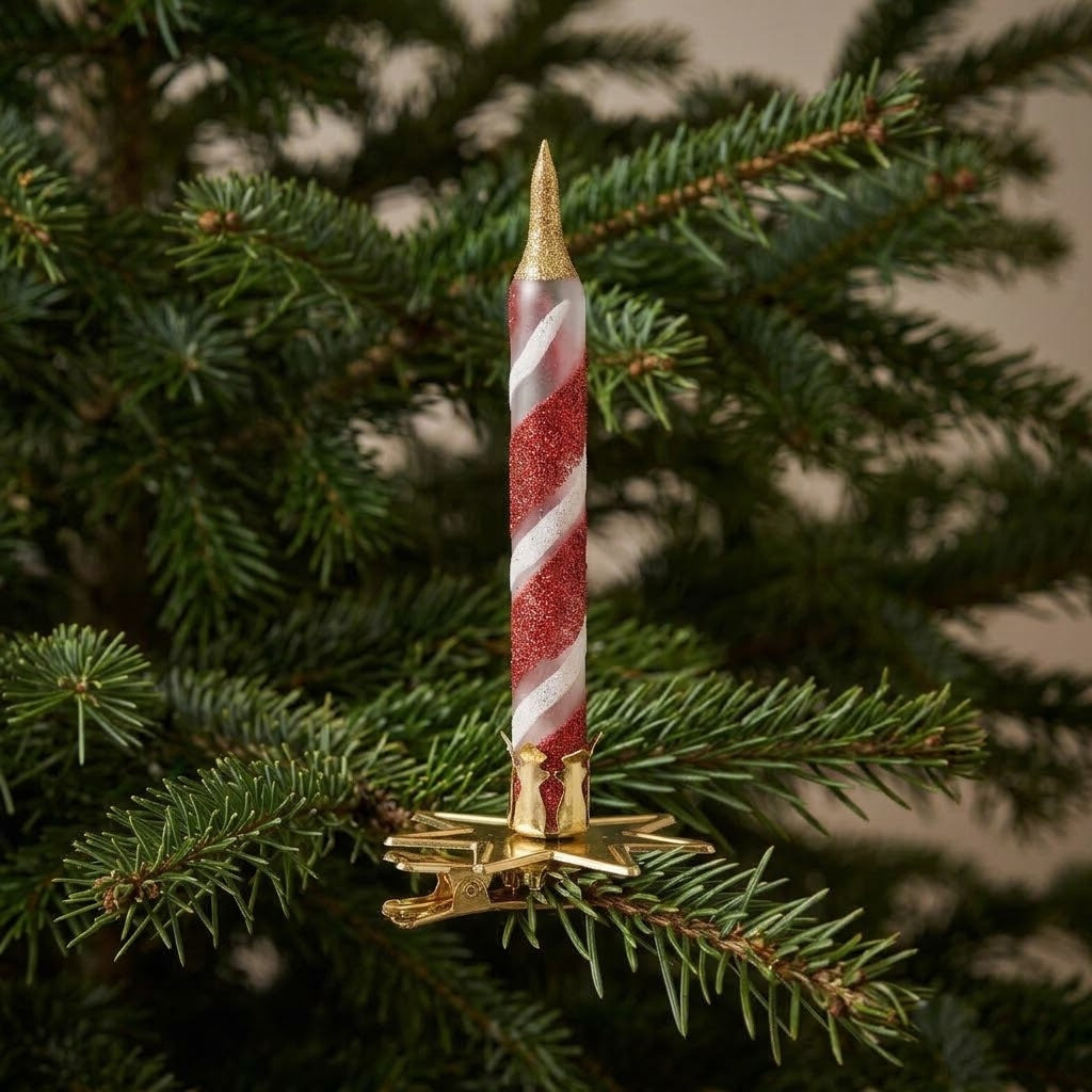 Red and gold candle ornament clipped onto a Christmas tree branch