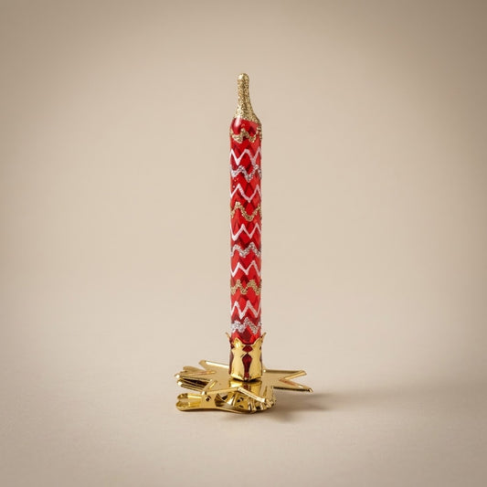 Hand-decorated glass clip-on candle ornament: red with white zigzag and gold clip