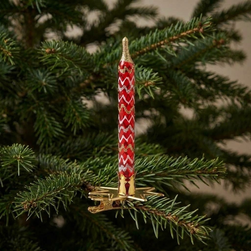 Candelina zig zag rossa e bianca agganciata a un ramo dell'albero di Natale