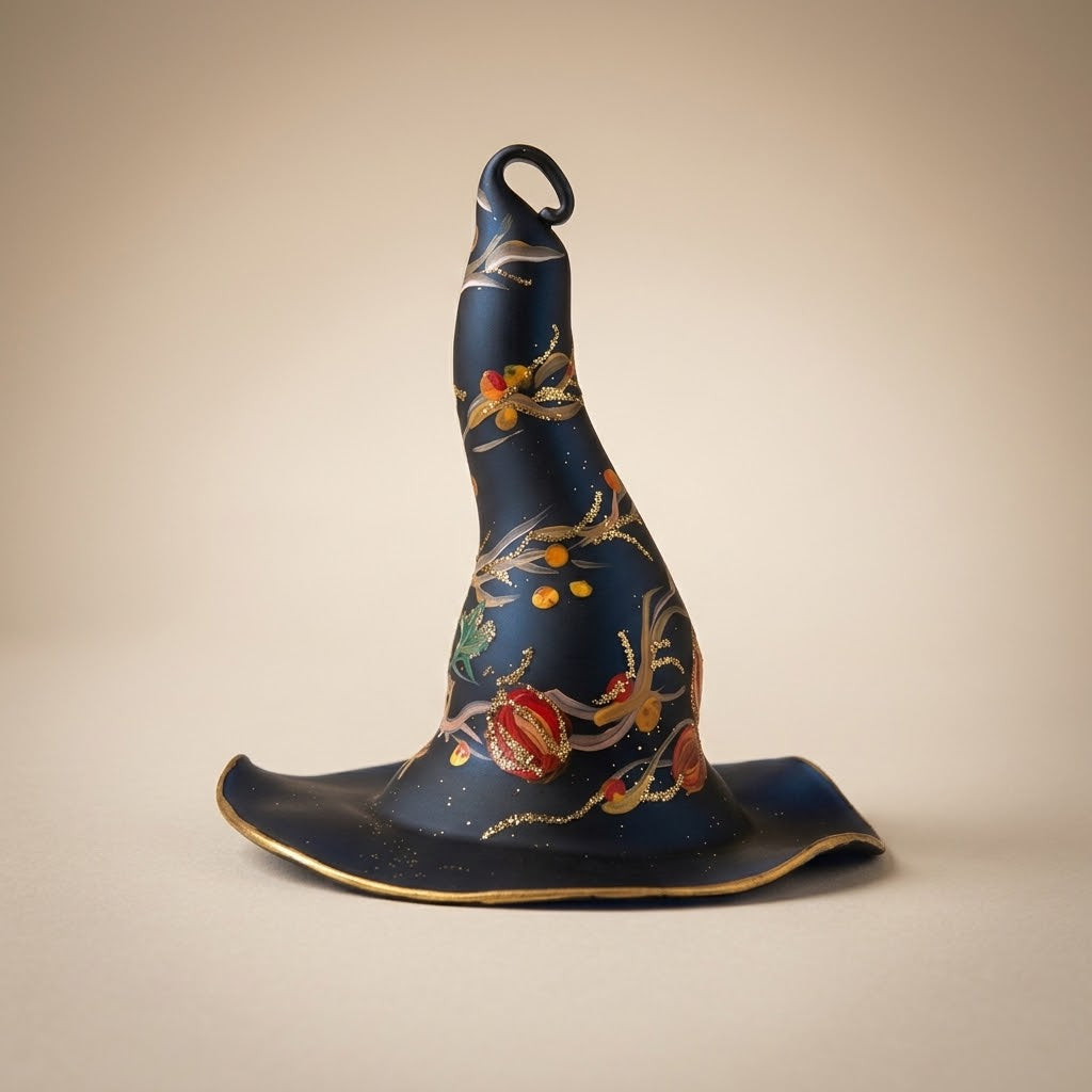 Matte black witch hat Halloween ornament, hand-painted with pumpkins