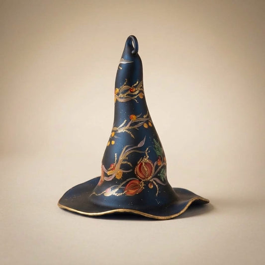 Cappello da strega nero con zucche, foglie e glitter oro