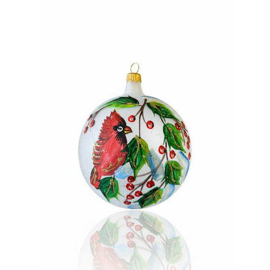 Hand-painted blown glass sphere Ø 100 mm with red cardinal and berry branches