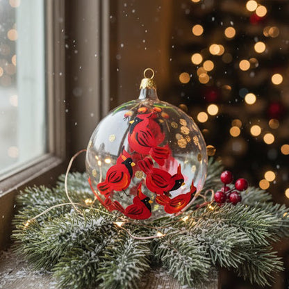 Sfera in vetro soffiato Ø 100 mm dipinta a mano con cardinali su vetro trasparente