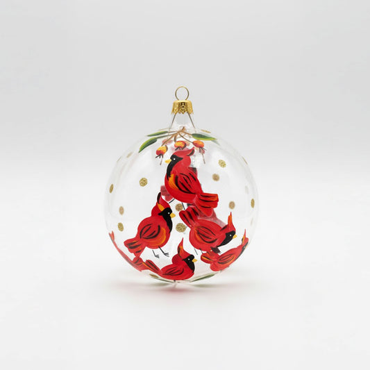 Blown glass sphere Ø 100 mm hand-painted with cardinals on clear glass