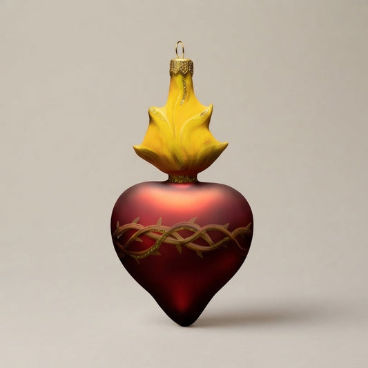 Cuore sacro rosso in vetro con corona di spine e fiamma