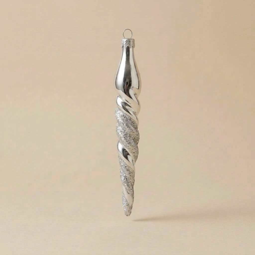 Hand-decorated glass icicle Christmas ornament: silver spiral with glitter