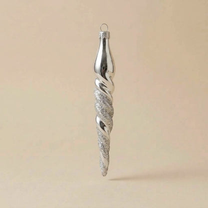 Hand-decorated glass icicle Christmas ornament: silver spiral with glitter