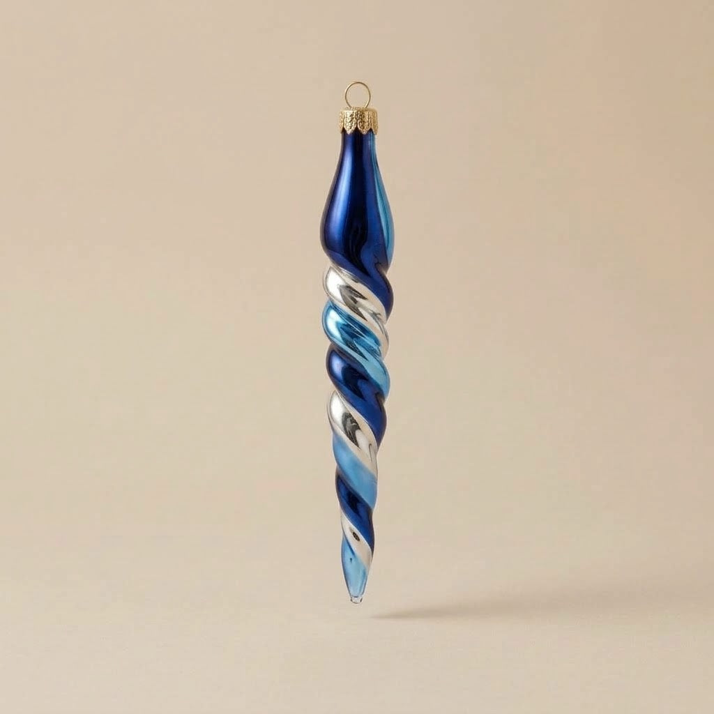 Hand-decorated glass icicle Christmas ornament: blue, light blue and silver spiral