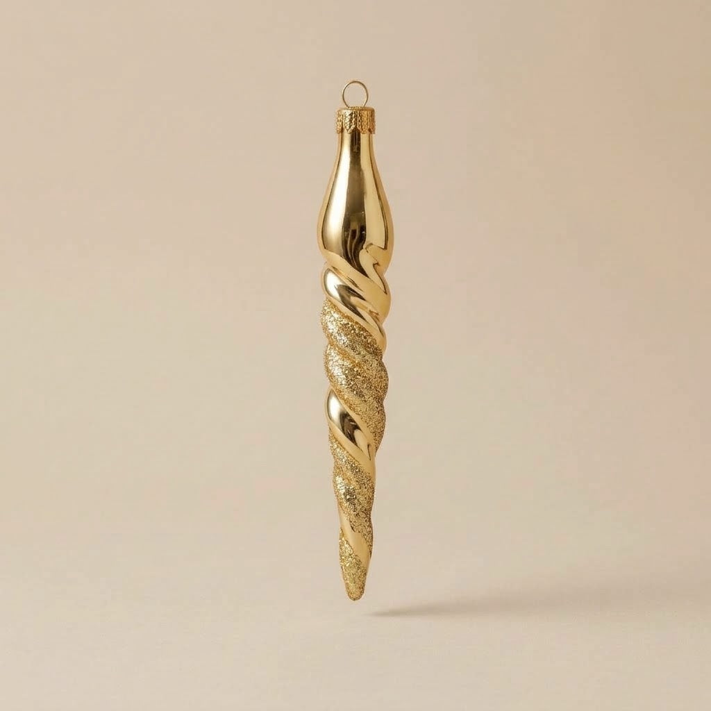 Hand-decorated glass icicle Christmas ornament: gold spiral with gold glitter