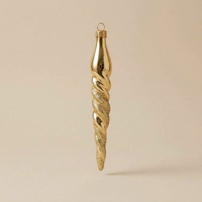 Hand-decorated glass icicle Christmas ornament: gold spiral with gold glitter