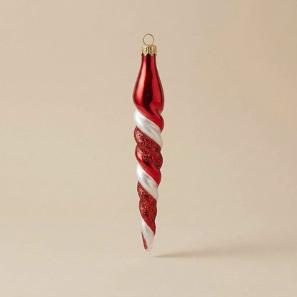 Hand-decorated glass icicle Christmas ornament: red and white spiral with glitter
