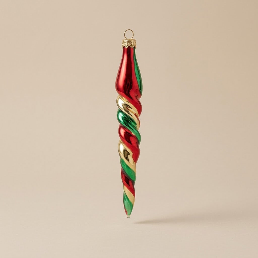 Hand-decorated glass icicle Christmas ornament: green, gold and red spiral