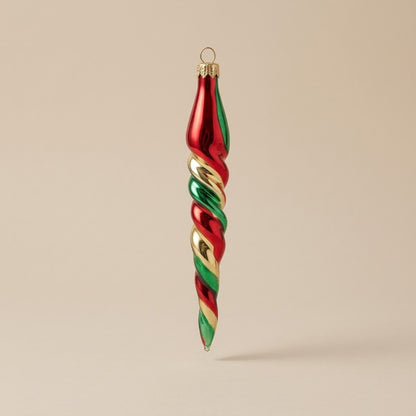 Hand-decorated glass icicle Christmas ornament: green, gold and red spiral