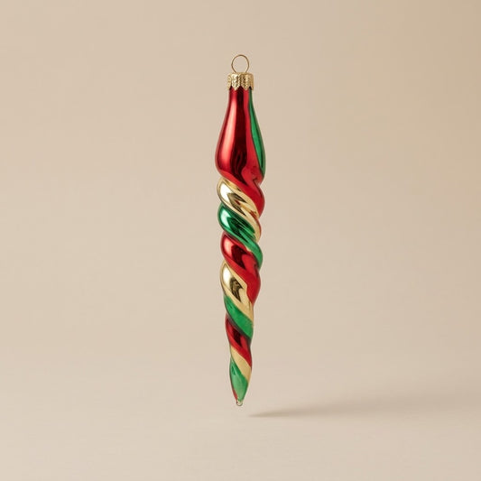 Hand-decorated glass icicle Christmas ornament: green, gold and red spiral