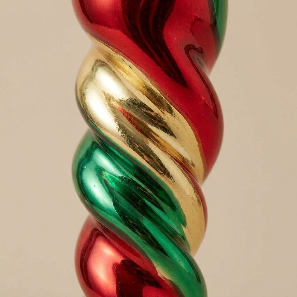Detail of the green, gold and red spiral on the mouth-blown glass icicle