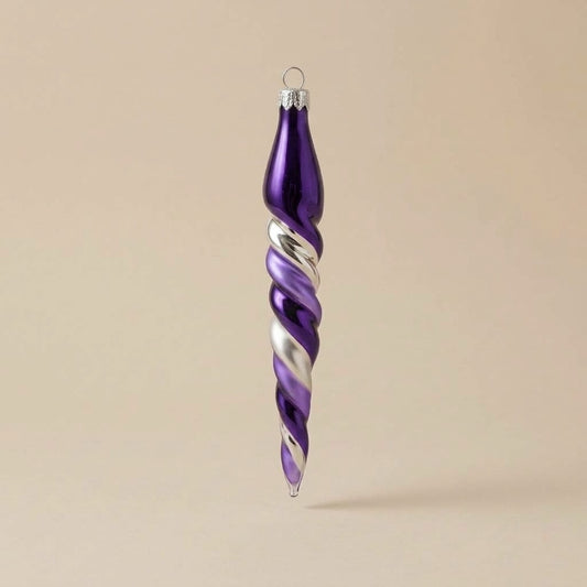 Hand-decorated glass icicle Christmas ornament: purple, lilac and silver spiral