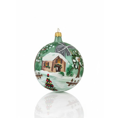 Hand-painted blown glass sphere Ø 100 mm with mill and snowy landscape