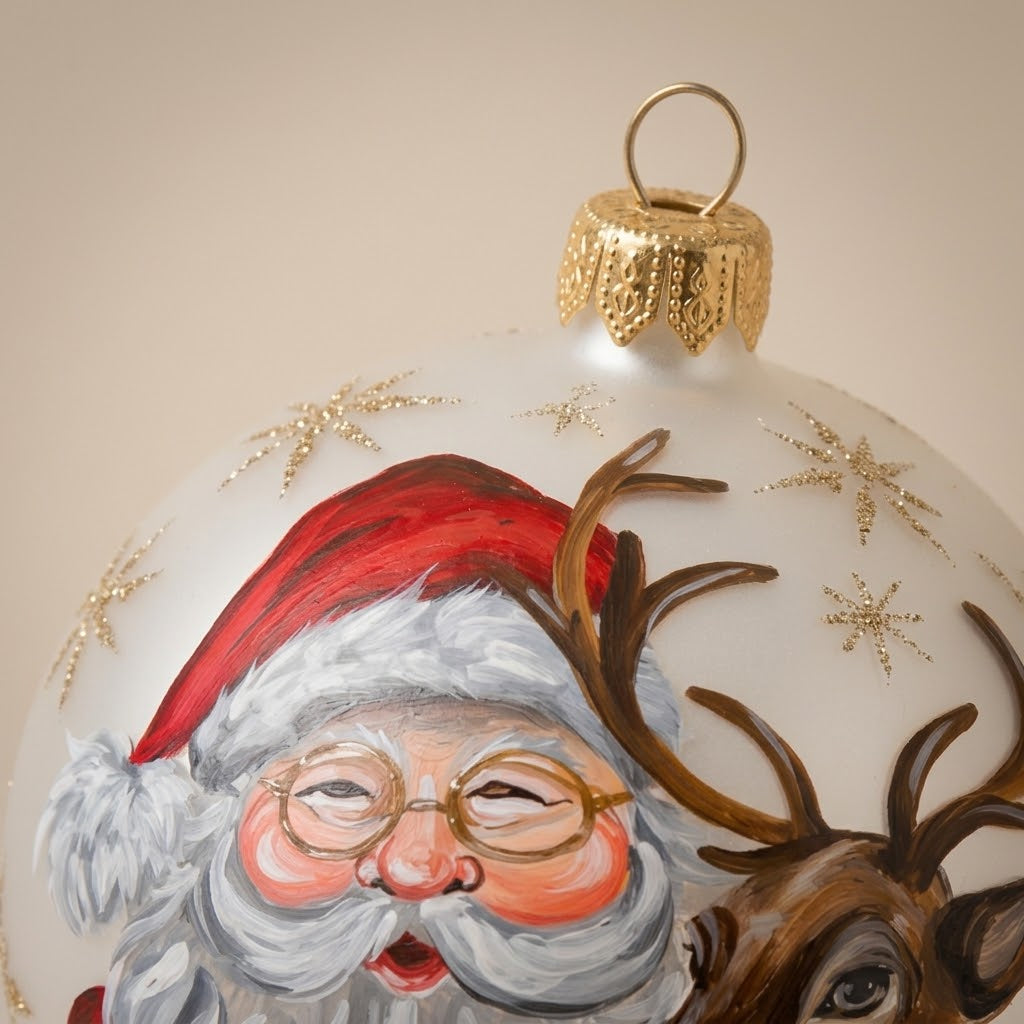 Dettaglio del decoro dipinto a pennello: Babbo Natale con occhialini dorati e renna