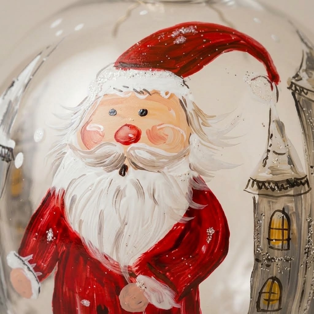 Dettaglio del decoro dipinto a pennello: Babbo Natale tra i palazzi della città