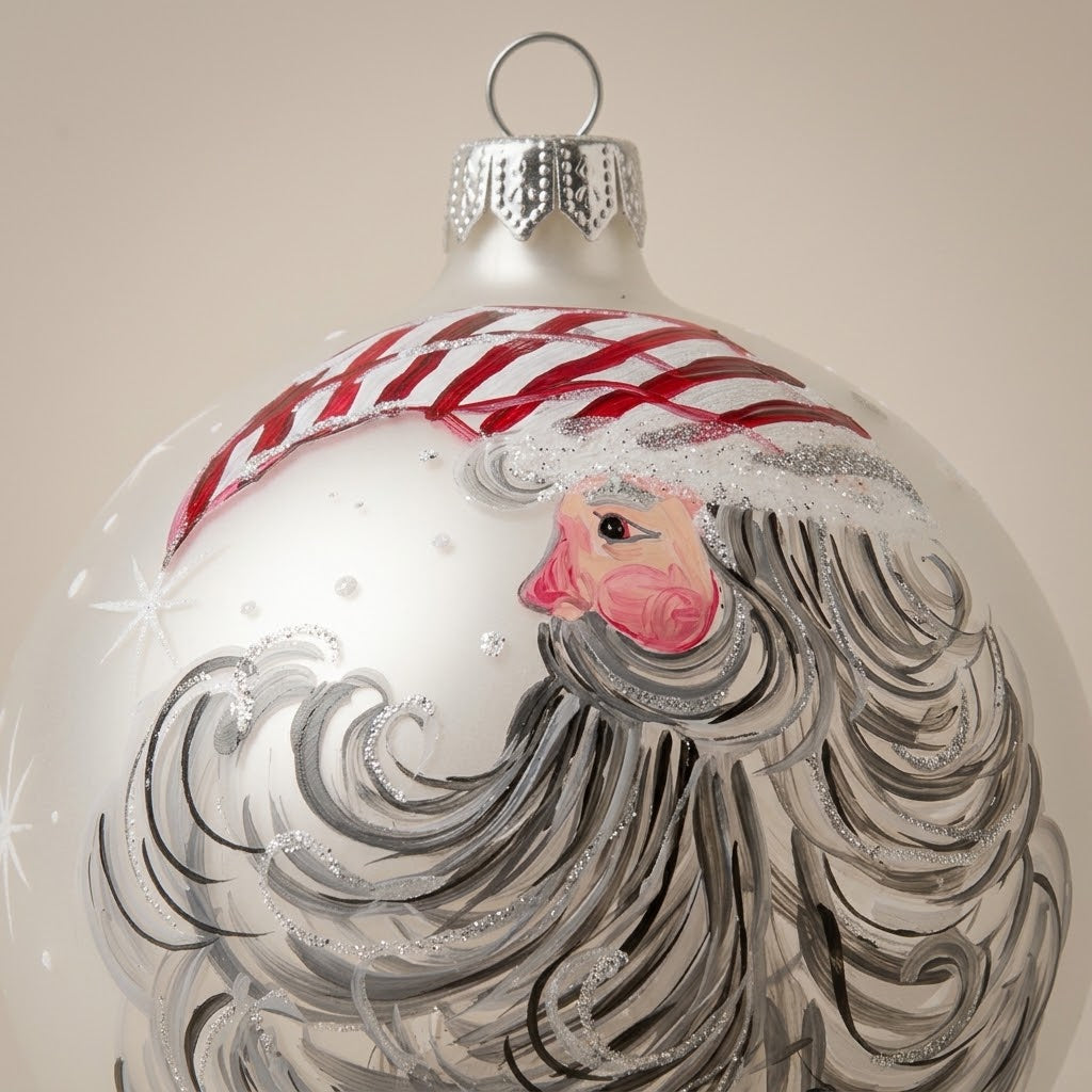 Dettaglio del decoro dipinto a pennello: Babbo Natale con berretto a righe e barba riccia su fondo bianco