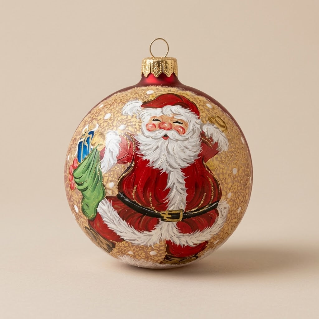 Palla di Natale Ø 10 cm dipinta a mano: Babbo Natale con i doni su fondo rosso e oro