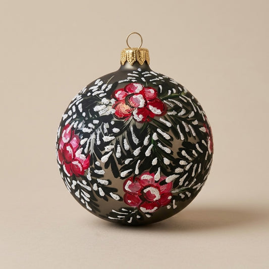 Palla di Natale Ø 10 cm dipinta a mano: fiori rossi e rametti bianchi su fondo bronzo scuro