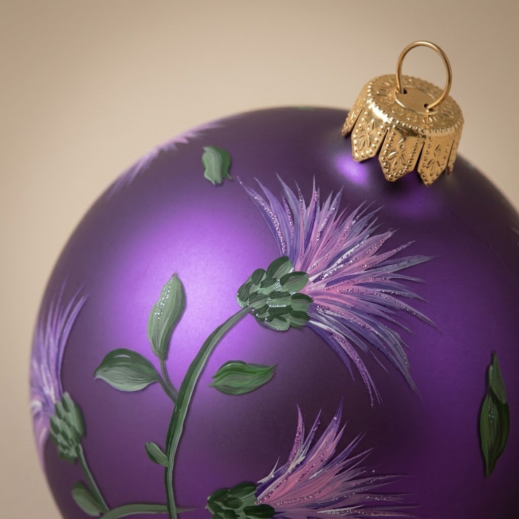 Dettaglio del decoro dipinto a pennello: fiori di cardo su fondo viola