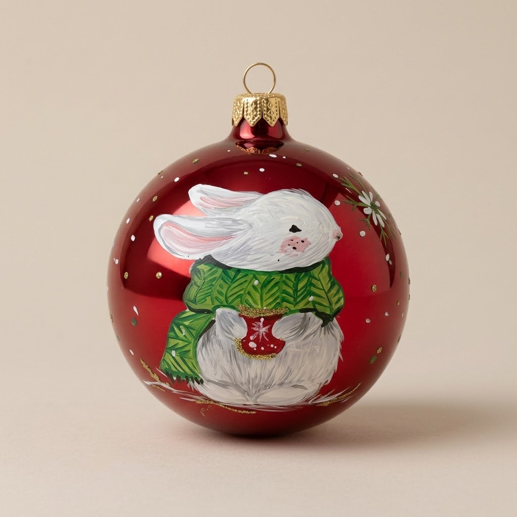 Palla di Natale Ø 10 cm dipinta a mano: coniglietto bianco con maglione verde su fondo rosso