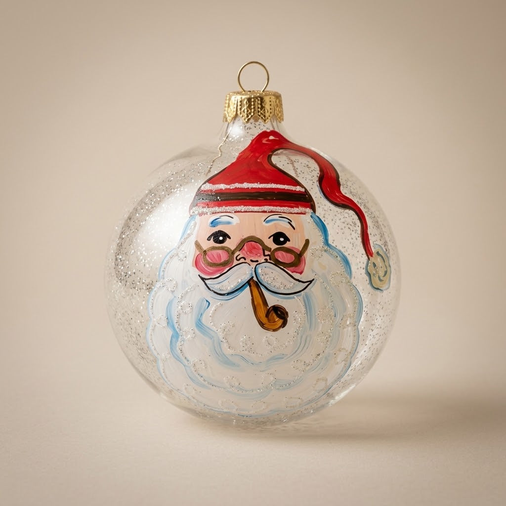 Palla di Natale Ø 10 cm dipinta a mano: volto di Babbo Natale con la pipa su vetro trasparente