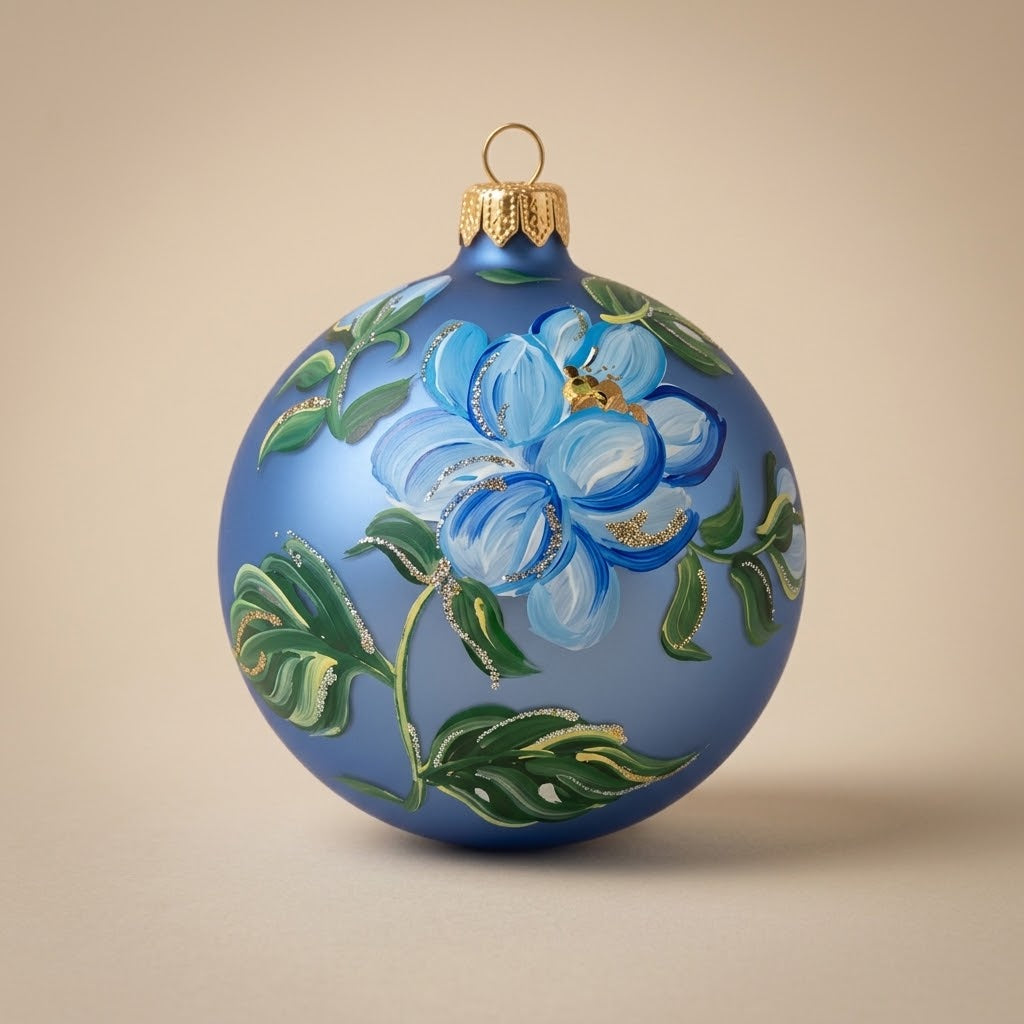 Palla di Natale Ø 10 cm dipinta a mano: grande fiore azzurro e foglie su fondo blu