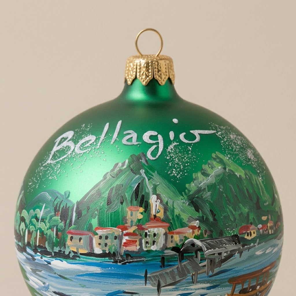 Dettaglio del decoro dipinto a pennello: Bellagio e il pontile sul lago con la scritta Bellagio