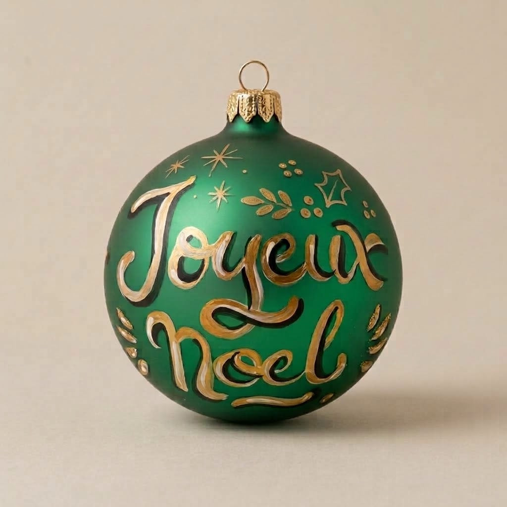 Palla di Natale Ø 10 cm dipinta a mano: scritta Joyeux Noël in oro su fondo verde