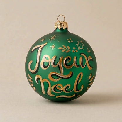 Palla di Natale Ø 10 cm dipinta a mano: scritta Joyeux Noël in oro su fondo verde