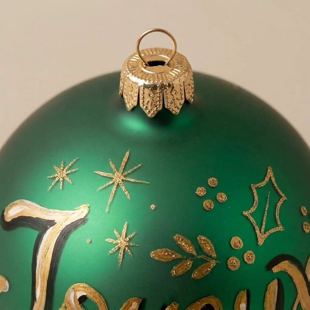 Dettaglio del decoro dipinto a pennello: scritta Joyeux Noël in oro su fondo verde