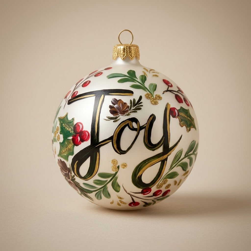 Palla di Natale Ø 10 cm dipinta a mano: scritta Joy su fondo bianco perla