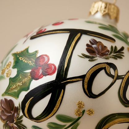 Dettaglio del decoro dipinto a pennello: scritta Joy, agrifoglio e bacche rosse