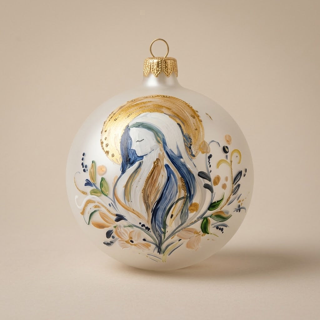 Palla di Natale Ø 10 cm dipinta a mano: Madonna stilizzata con aureola dorata su fondo bianco