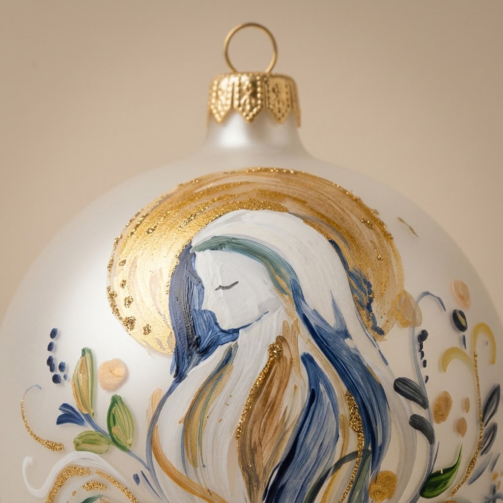 Dettaglio del decoro dipinto a pennello: Madonna stilizzata con aureola dorata su fondo bianco