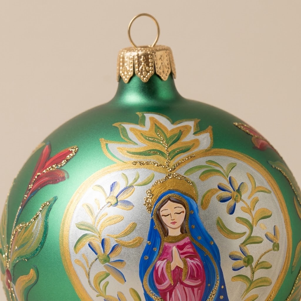 Dettaglio del decoro dipinto a pennello: Madonna in stile messicano dentro un cuore su fondo verde