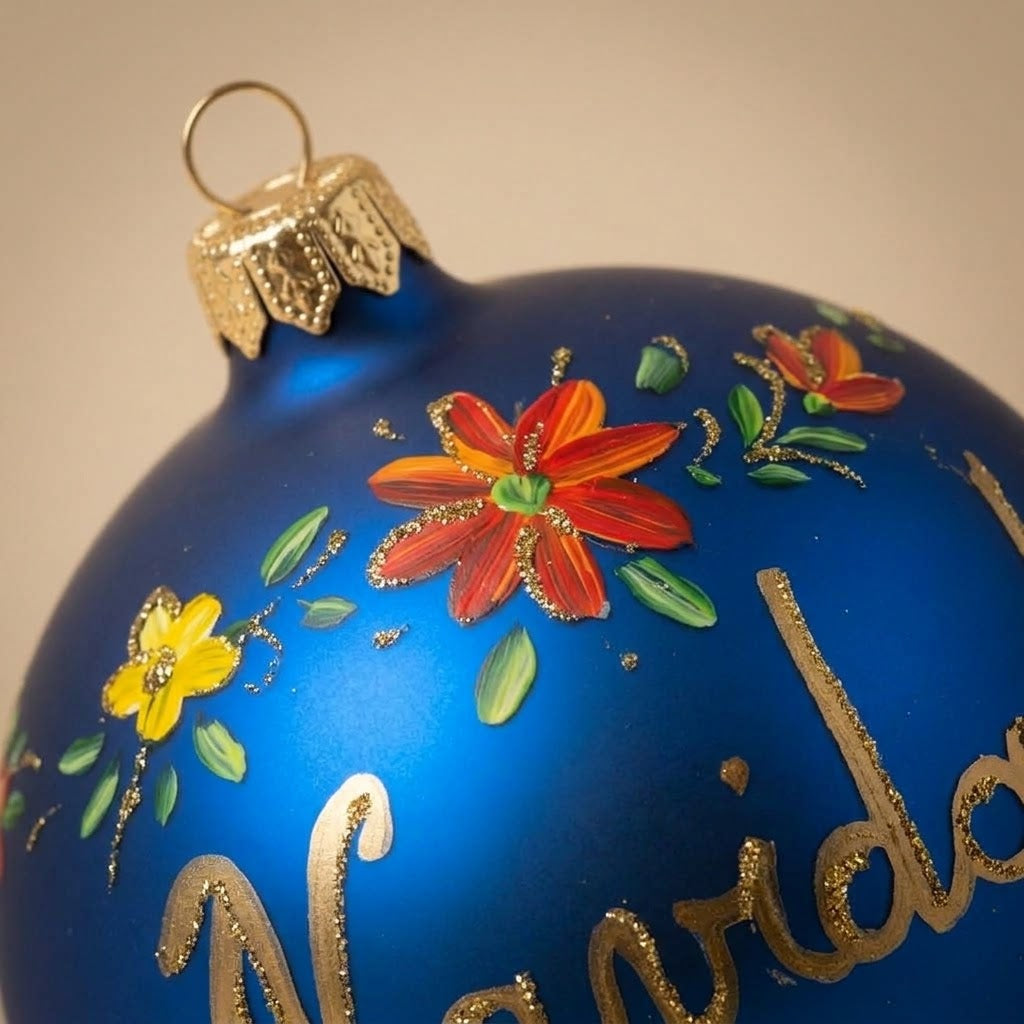 Dettaglio del decoro dipinto a pennello: scritta Navidad in oro e fiori su fondo blu