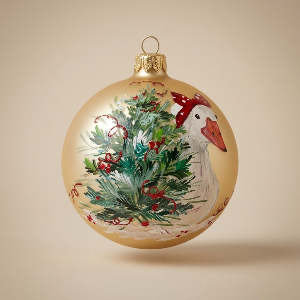 Palla di Natale Ø 10 cm dipinta a mano: oca con cappellino rosso tra rami di abete su fondo oro