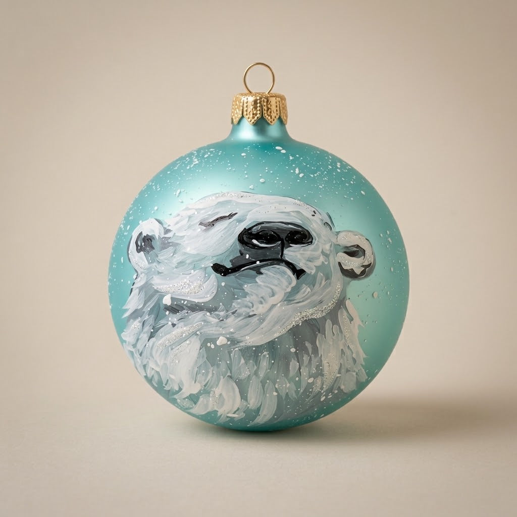 Palla di Natale Ø 10 cm dipinta a mano: muso di orso polare su fondo turchese