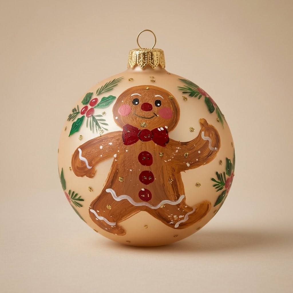 Palla di Natale Ø 10 cm dipinta a mano: omino di pan di zenzero su fondo crema