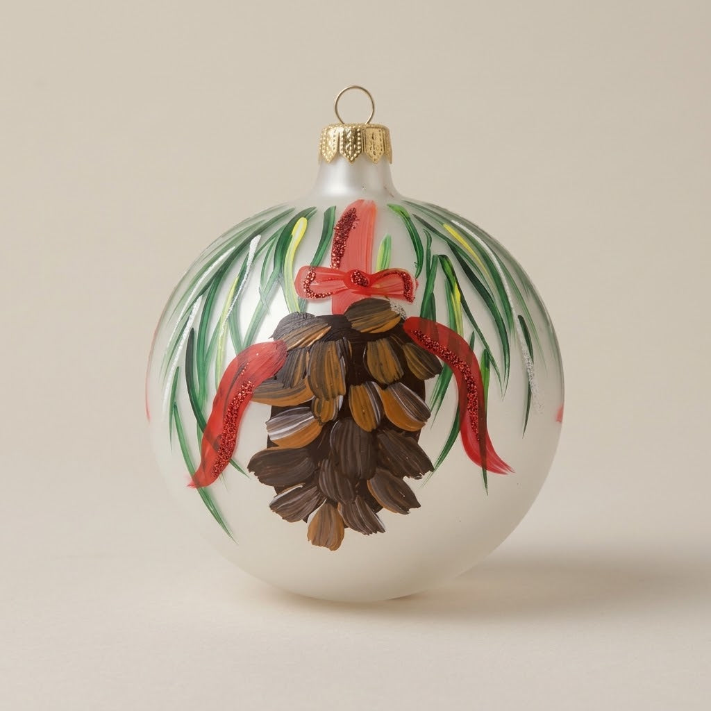 Palla di Natale Ø 10 cm dipinta a mano: pigna con fiocco rosso e aghi di pino su fondo bianco