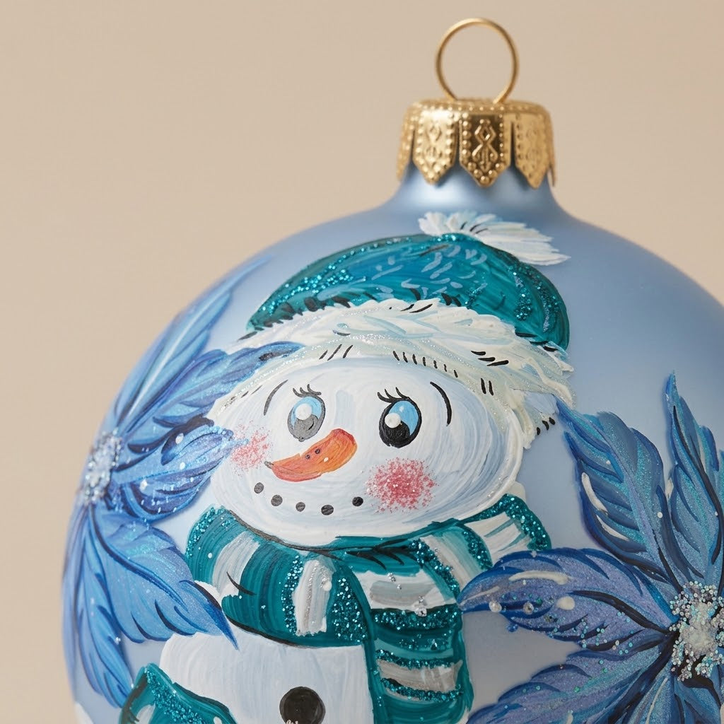 Dettaglio del decoro dipinto a pennello: pupazzo di neve tra stelle di Natale blu