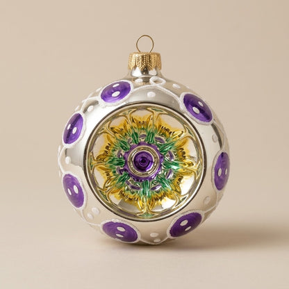 Palla di Natale Ø 10 cm dipinta a mano: palla vintage a riflettore argento e viola